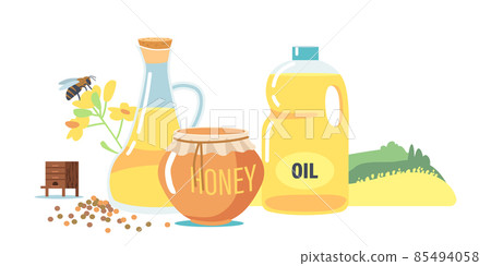 Rapeseed Canola Honey and Oil, Bee Flying over Flowers. Organic Natural Food in Glass Jar or Bottle. Bee Production Rapeseed Canola Honey and Oil, Bee Flying over Flowers. Organic Natural Food in Glass Jar or Bottle. Bee Production 85494058