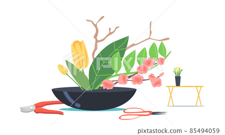 Japanese Ikebana Concept. Asian Culture and Art. Traditional Japan Beautiful Floristic Composition of Flowers and Plants Japanese Ikebana Concept. Asian Culture and Art. Traditional Japan Beautiful Floristic Composition of Flowers and Plants 85494059
