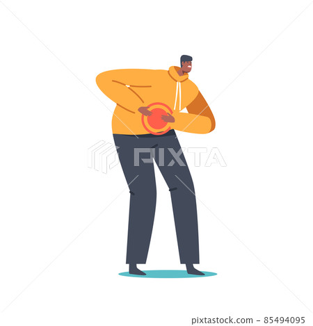 Health Problem, Stomach Disease Symptoms. Male Character Feeling Strong Abdominal Pain Isolated on White Background Health Problem, Stomach Disease Symptoms. Male Character Feeling Strong Abdominal Pain Isolated on White Background 85494095