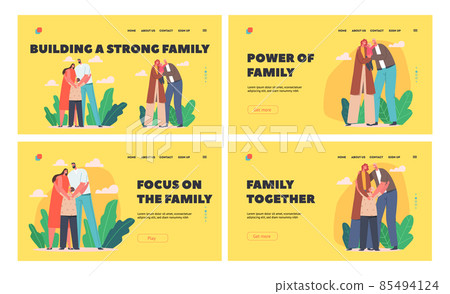 Loving Happy Family Landing Page Template Set. Parents Hug Baby. Mother and Father Characters Holding Child on Hands 85494124