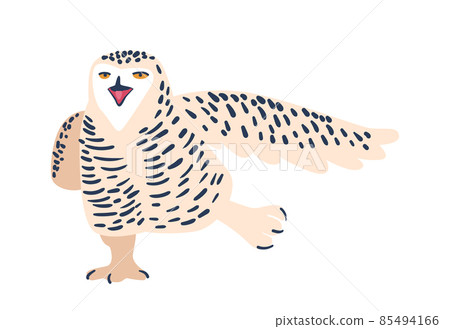 Funny Owl Stretching Wings and Legs Isolated on White Background. Wild Birds with Speckled Feathers, Zoo Park Mascot Funny Owl Stretching Wings and Legs Isolated on White Background. Wild Birds with Speckled Feathers, Zoo Park Mascot 85494166