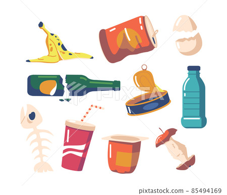 Set Different Garbage and Old Things Plastic Cup, Tin Can, Banana Peel, Apple Stub. Fish Bone, Yoghurt Pack, Bottle 85494169