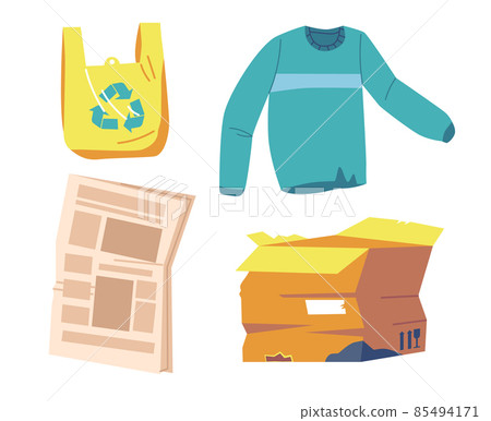 Set of Different Garbage and Plastic Bag, Ragged Sweater, Carton Box and Newspaper. Old Things, Trash, Litter, Rubbish 85494171