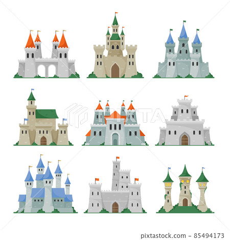 Set of Fairytale Castles, Medieval Towers, Fantasy Palace Buildings in Fairyland Kingdom . Fabulous Historical Bastions Set of Fairytale Castles, Medieval Towers, Fantasy Palace Buildings in Fairyland Kingdom . Fabulous Historical Bastions 85494173