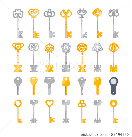 Set of Door Keys Isolated on White Background, Silver, Golden, Magnetic, Modern and Classic Retro Keys. Magic Fairy Tale Set of Door Keys Isolated on White Background, Silver, Golden, Magnetic, Modern and Classic Retro Keys. Magic Fairy Tale 85494180