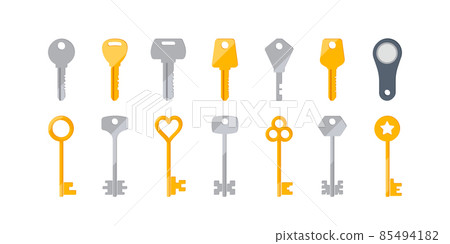 Set of Modern and Classic Door Keys Isolated on White Background, Silver, Golden, Magnetic Keys. Magic Fairytale, Secret 85494182
