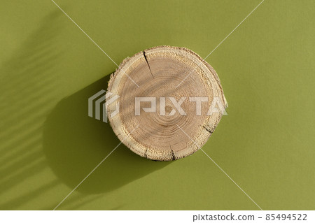 Woodcut lying on a trendy green background with shadows of fern. A wooden platform with shades for natural cosmetics or products presentation. Wooden tray mockup in the sunlight. Top view Woodcut lying on a trendy green background with shadows of fern. A wooden platform with shades for natural cosmetics or products presentation. Wooden tray mockup in the sunlight. Top view 85494522