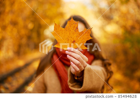 Portrait of woman cover eye with leaf Portrait of woman cover eye with leaf 85494628