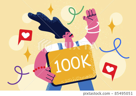 Happy influencer celebrate followers growth on social media 85495051