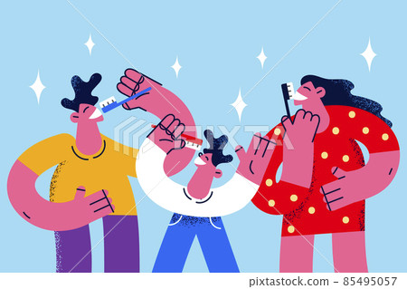 Family with kid brush teeth with toothbrush Family with kid brush teeth with toothbrush 85495057