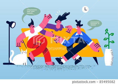 Happy friends relax talking at home on lockdown Happy friends relax talking at home on lockdown 85495082