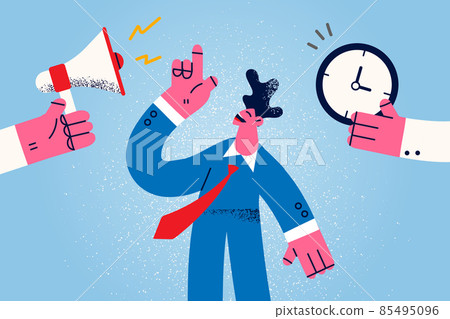 Smiling businessman with clock and megaphone meet deadline  85495096