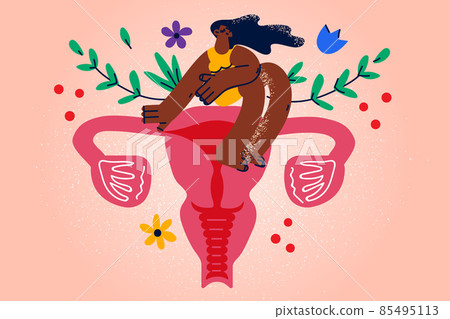 Woman sit on uterus with flowers Woman sit on uterus with flowers 85495113