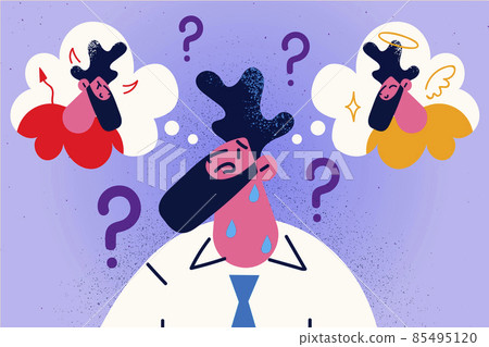 Frustrated businessman choose among good and bad Frustrated businessman choose among good and bad 85495120