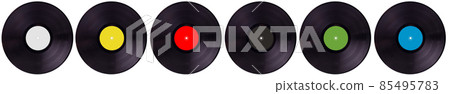 Isolated vinyl records collection. Top view. Isolated vinyl records collection. Top view. 85495783