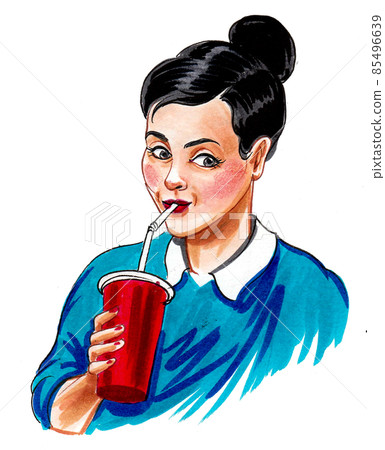 Pretty woman drinking beverage. Ink and watercolour drawing Pretty woman drinking beverage. Ink and watercolour drawing 85496639