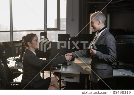 Two young business women shake hands at work. The office staff made a deal Two young business women shake hands at work. The office staff made a deal 85498319