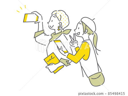 Two women enjoying a trip Selfie Simple and stylish line drawing illustration Two women enjoying a trip Selfie Simple and stylish line drawing illustration 85498415