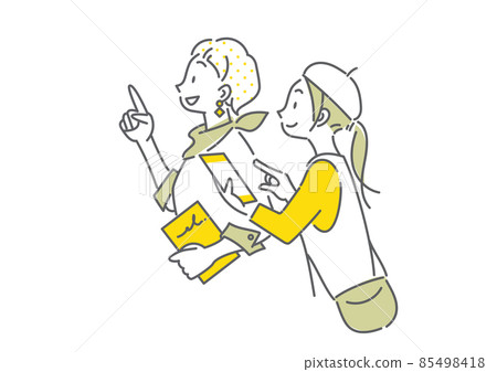 兩個女人享受旅行智能手機簡單而時尚的線條畫插圖 85498418
