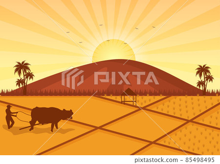 Sunrise Landscape of Morning Scene Mountains, Hill, Lake and Valley in Flat Nature for Poster, Banner or Background Illustration 85498495