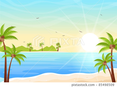 Sea Sunrise Landscape Above Morning Scene Ocean with Clouds, Water Surface, Palm Tree and Beach in Flat Background Illustration for Banner 85498509