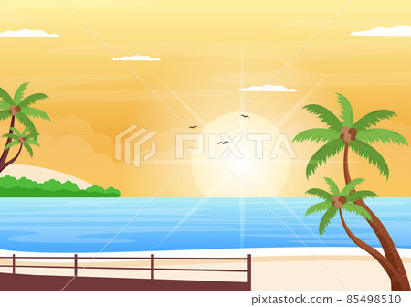 Sea Sunrise Landscape Above Morning Scene Ocean with Clouds, Water Surface, Palm Tree and Beach in Flat Background Illustration for Banner 85498510