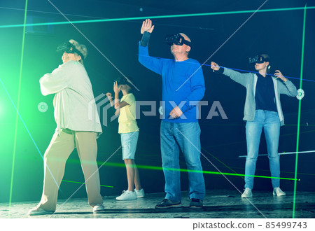 Family using virtual reality glasses delighted with videogames Family using virtual reality glasses delighted with videogames 85499743