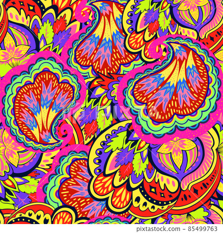 Colorful seamless pattern with crazy psychedelic organic abstract elements, print with plant and mushrooms Colorful seamless pattern with crazy psychedelic organic abstract elements, print with plant and mushrooms 85499763