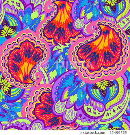 Colorful seamless pattern with crazy psychedelic organic abstract elements, print with plant and mushrooms  85499765