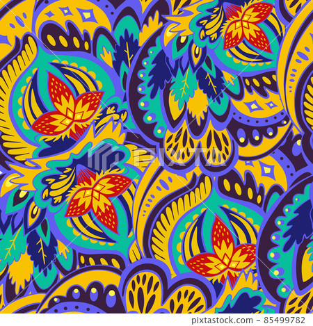 Colorful seamless pattern with crazy psychedelic organic abstract elements, print with plant and mushrooms Colorful seamless pattern with crazy psychedelic organic abstract elements, print with plant and mushrooms 85499782