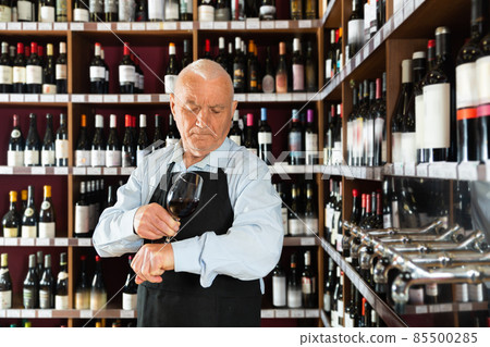 Confident elderly male winemaker holding glass of red wine, checking it in wine store Confident elderly male winemaker holding glass of red wine, checking it in wine store 85500285