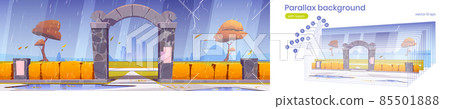 Parallax background stone gate to autumn city park - Stock Illustration ...