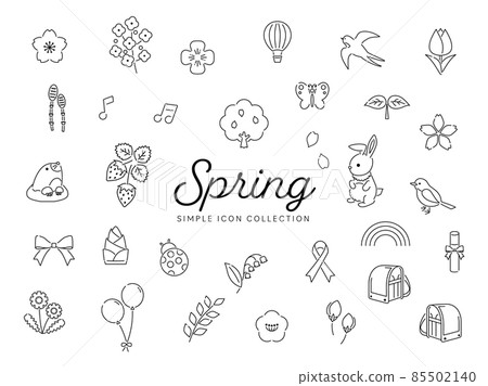 Spring simple line drawing icon set 01 / Sakura, flowers, nature, animals, illustrations / monochrome 85502140