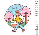 Illustration of a woman walking along a row of cherry blossom trees 85502237