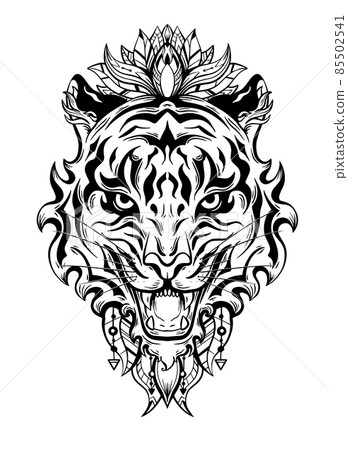 Vector silhouette of a tiger head with a floral ornament. Black contour tattoo of roar formidable predator with lotus and feather. Vector silhouette of a tiger head with a floral ornament. Black contour tattoo of roar formidable predator with lotus and feather. 85502541