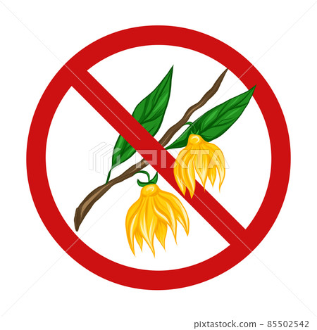 Vector prohibition sign with ylang ylang. Forbidding sign with a flower on a branch and foliage. Danger of allergies. Vector prohibition sign with ylang ylang. Forbidding sign with a flower on a branch and foliage. Danger of allergies. 85502542
