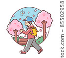 Illustration of a man walking along a row of cherry blossom trees 85502958