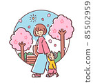 Illustration of parents and children walking along a row of cherry blossom trees 85502959