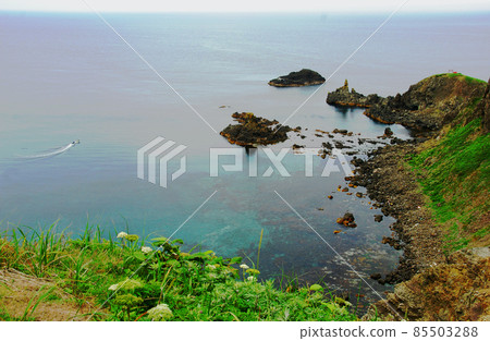 Rebun Island Gorota Mountain Reef and Fishing Boat 85503288