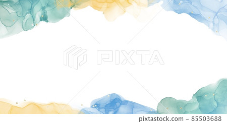 Alcohol ink art abstract frame-green, light blue, yellow and golden glitter watercolor colorful space 85503688