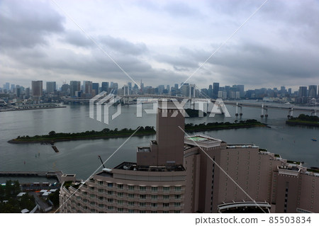 Tokyo's iconic Rainbow Bridge as seen from Odaiba on an overcast day 85503834