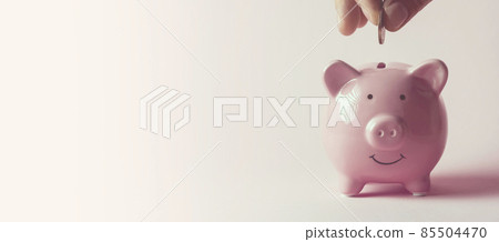 Hand puts a coin in a piggy bank. 85504470