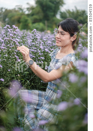 Happy woman tourist in blue dress enjoy in purple Margaret flowers garden. travel, nature, vacation and holiday concept 85504559