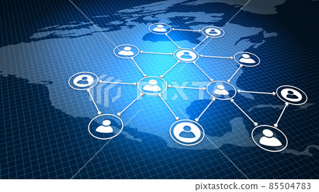Network of humanoid icons and world map, American version. 85504783