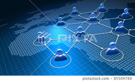 Network of humanoid icons and world map, European, African version. 85504789