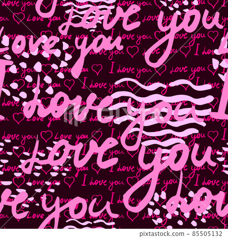 Seamless pattern, text I love you, hand written words, pink hearts. Sketch, doodle, lettering, happy valentines day. Vector illustration black background 85505132
