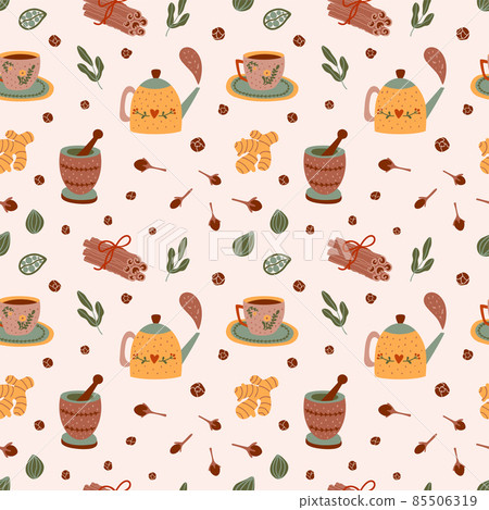 Spicy tea pattern. Spiced tea party seamless background. Cartoon cinnamon, ginger, black paper, cardamon, clove. Cup, mug, teapot, masala tea vector hand drawn illustration. Chai tea print. 85506319