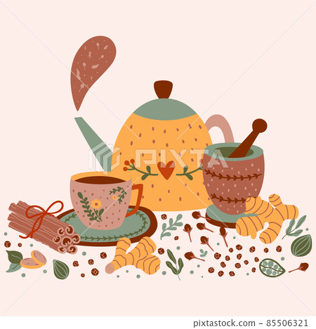 Spicy tea illustration. Hot flavored Spiced tea party print. Cartoon cinnamon, ginger, black paper, cardamon, clove. Cup, mug, teapot, mortar, pestle masala tea vector illustration. Chai tea print. 85506321