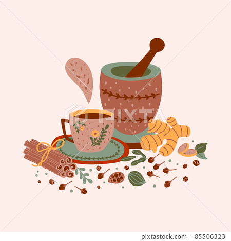Spicy tea illustration. Hot flavored spiced tea party print. Cartoon cinnamon, ginger, black paper, cardamon, clove. Cup mortar, pestle masala tea vector card Chai tea print. 85506323