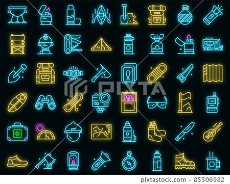 Equipment for hike icons set vector neon Equipment for hike icons set vector neon 85506982